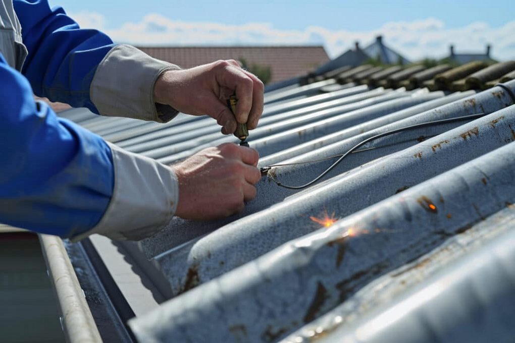 couvreur réalisant des soudures sur une gouttière en zinc
