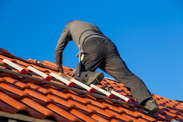 Inspection d'une toiture par un couvreur professionnel.